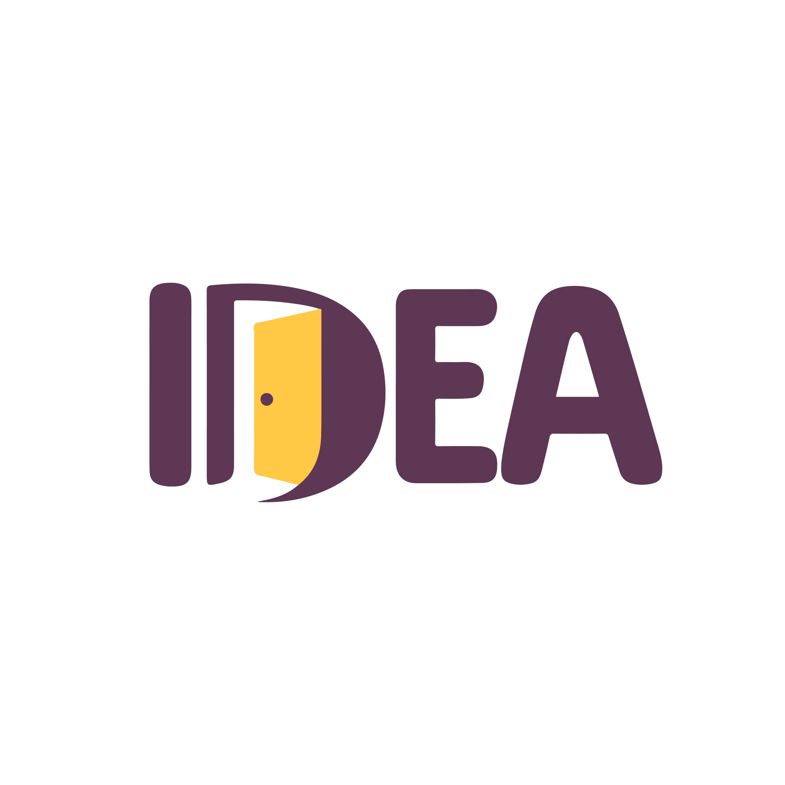 IDEA Logo, the letters I D E and A in dark purple, where the letter D is a yellow open door.
