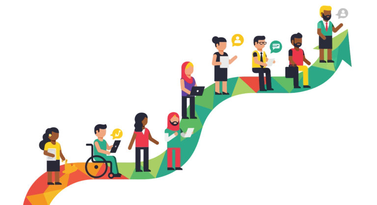 A curving arrow moving from the bottom left corner to the top right corner, signifying improvement and growth. all along the arrow, a variety of people are situated, each with different identifying features and disabilities, signifying their part in helping the improvement and growth.