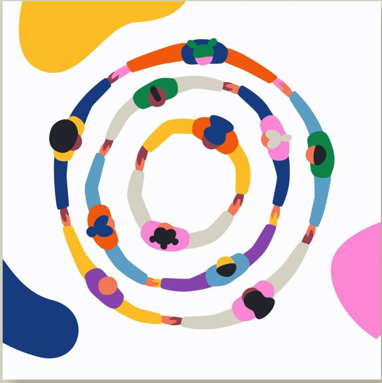 Colourful image of people with their arms spread wide to make a circle, around two smaller circles of people doing the same.