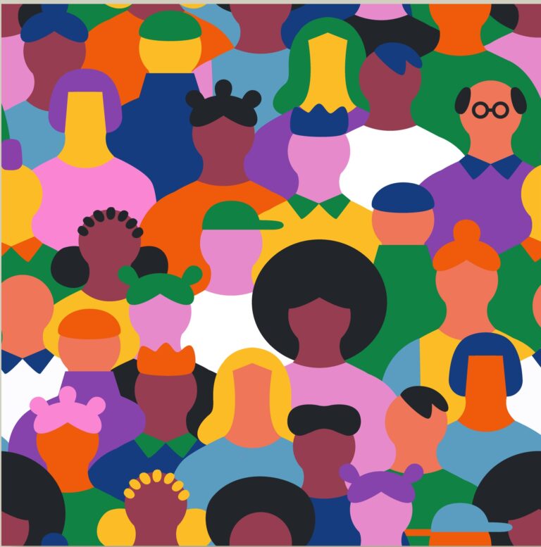 A brightly coloured collage of people with a wide variety of different identifying features such as skin tone, height, and hair type.