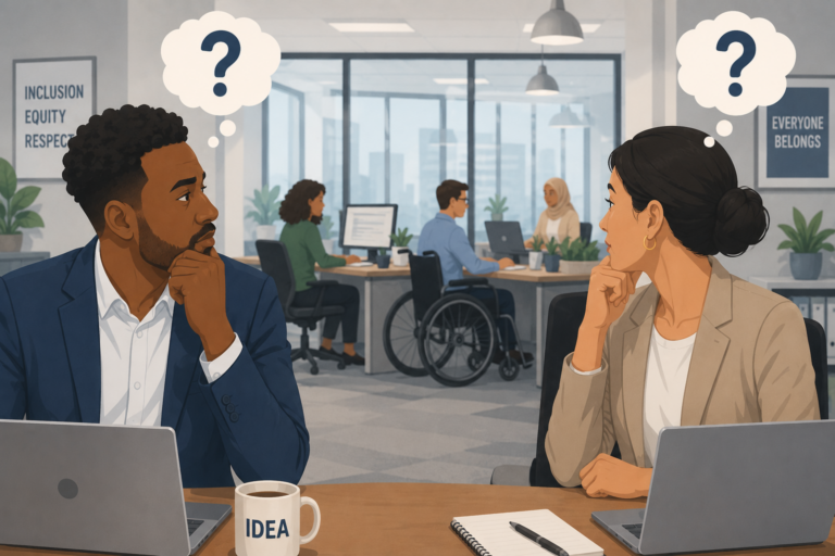 A male and a female sit at a desk in an office and look out at their staff, one of whom is in a wheel chair. the man and woman both have question marks above their heads, but are afraid to ask.
