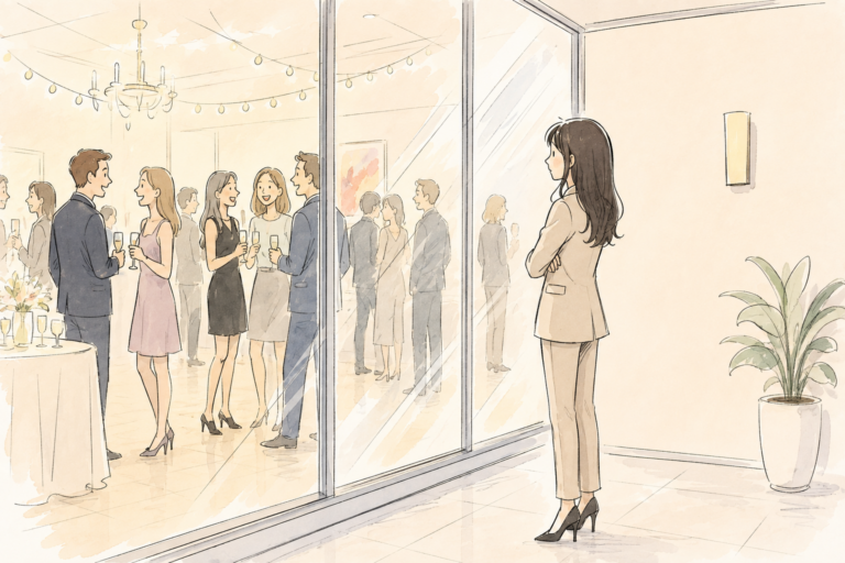 A woman in business attire stands alone behind a glass wall, and watches her colleagues enjoying a social event with food and drinks on the other side.