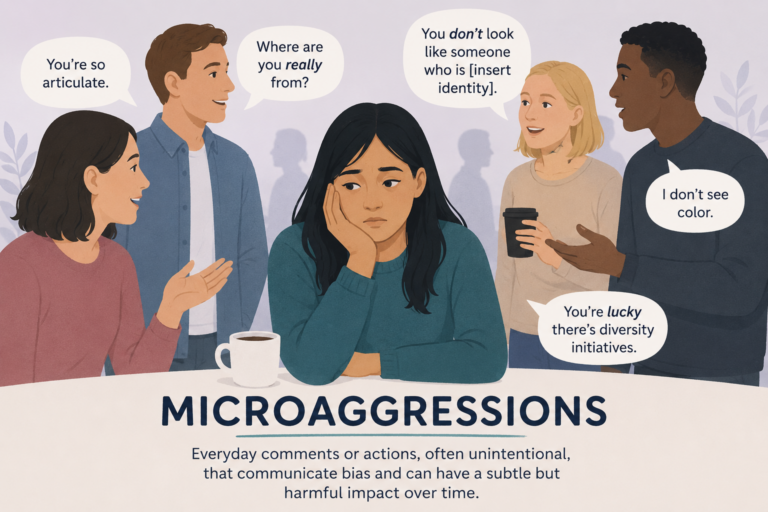 A woman remembers all the microagressions that she has experienced, as if the people are standing right behind her and making their comments all at once.