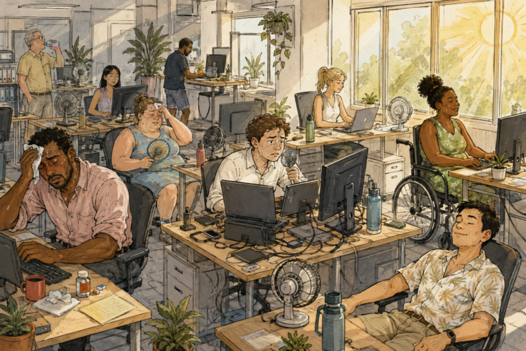 an office that is very busy, and half in sunlight. some workers are really struggling with the heat, some workers are feeling a bit uncomfortable, and some workers are completely fine.