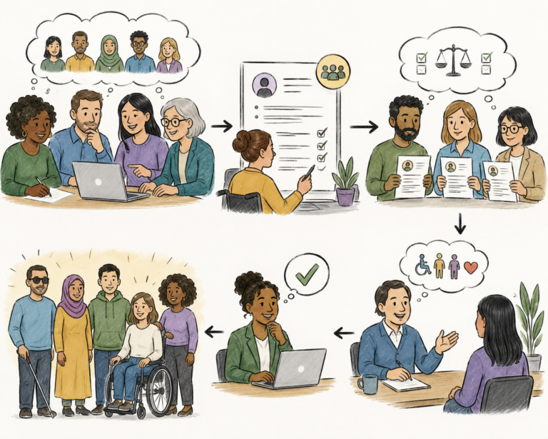 The images shows the progression of an inclusive recruitment process, including a mixed group of people reviewing candidates, a candidate reviewing the job listing, a group of people showing their suitability, an interviewer asking about accessibility needs, a manager choosing a successful candidate, and finally the original mixed group of people with a new addition of a young lady in a wheelchair