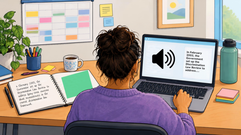 A woman at a desk has hand written notes demonstrating Dyslexia, and her computer screen shows a text to voice programme reading a section of the Equality Act. On the wall, a large calendar is colour coded.