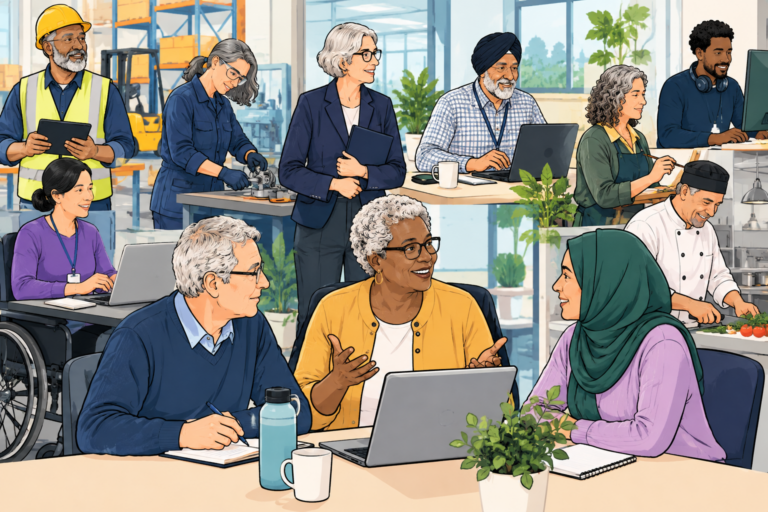 Older people of differing skin colours, cultures, and clothing styles are shown in multiple work environments, including a warehouse, an office, and a professional kitchen