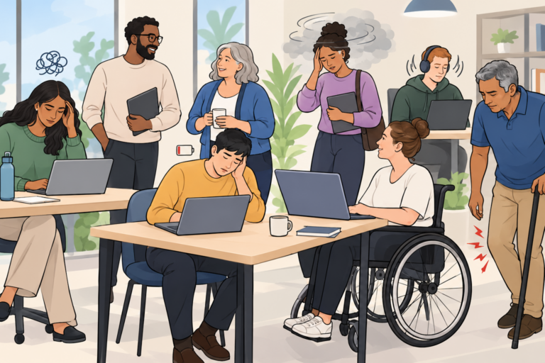 A workplace with a variety of genders, cultures, body types and abilities shows the invisible disabilities some colleagues are carrying. This includes someone with joint pain, someone with brain fog, someone with chronic fatigue, and someone using headphones and stimming to support their work.