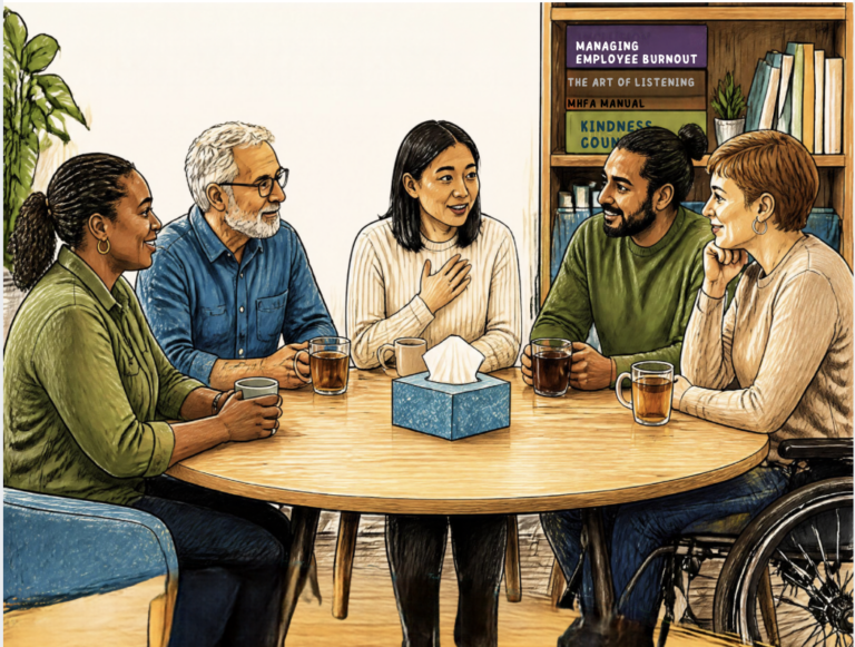 a group of people wit around a table talking. The bookcase behind them includes books about mental health and wellbeing support.